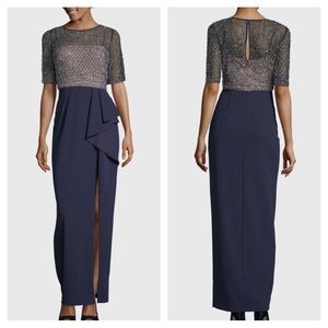 Xscape 1860X Navy Blue & Gold Beaded Ruffle Skirt Full Length Formal Gown Sz 10